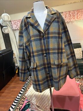 Plaid Wool-Blend Pea Coat in Blue & Mustard
